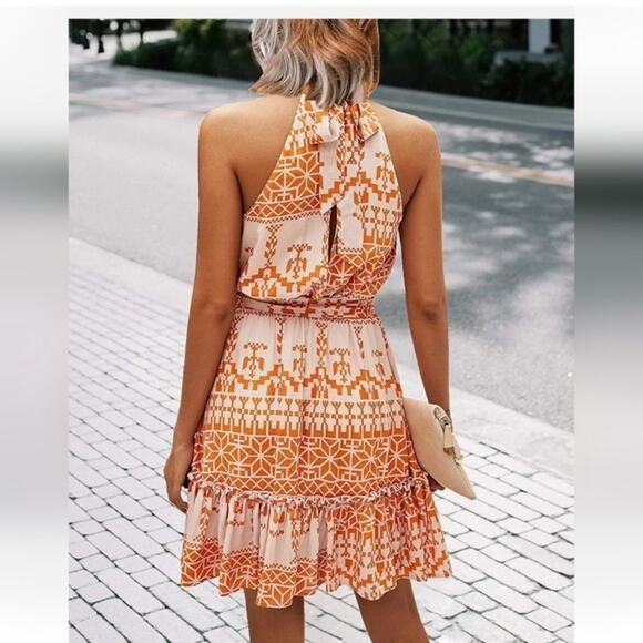 BTFBM Floral Dress Summer Sleeveless Halter Neck Ruffle No Belt Boho Medium - Picture 5 of 16